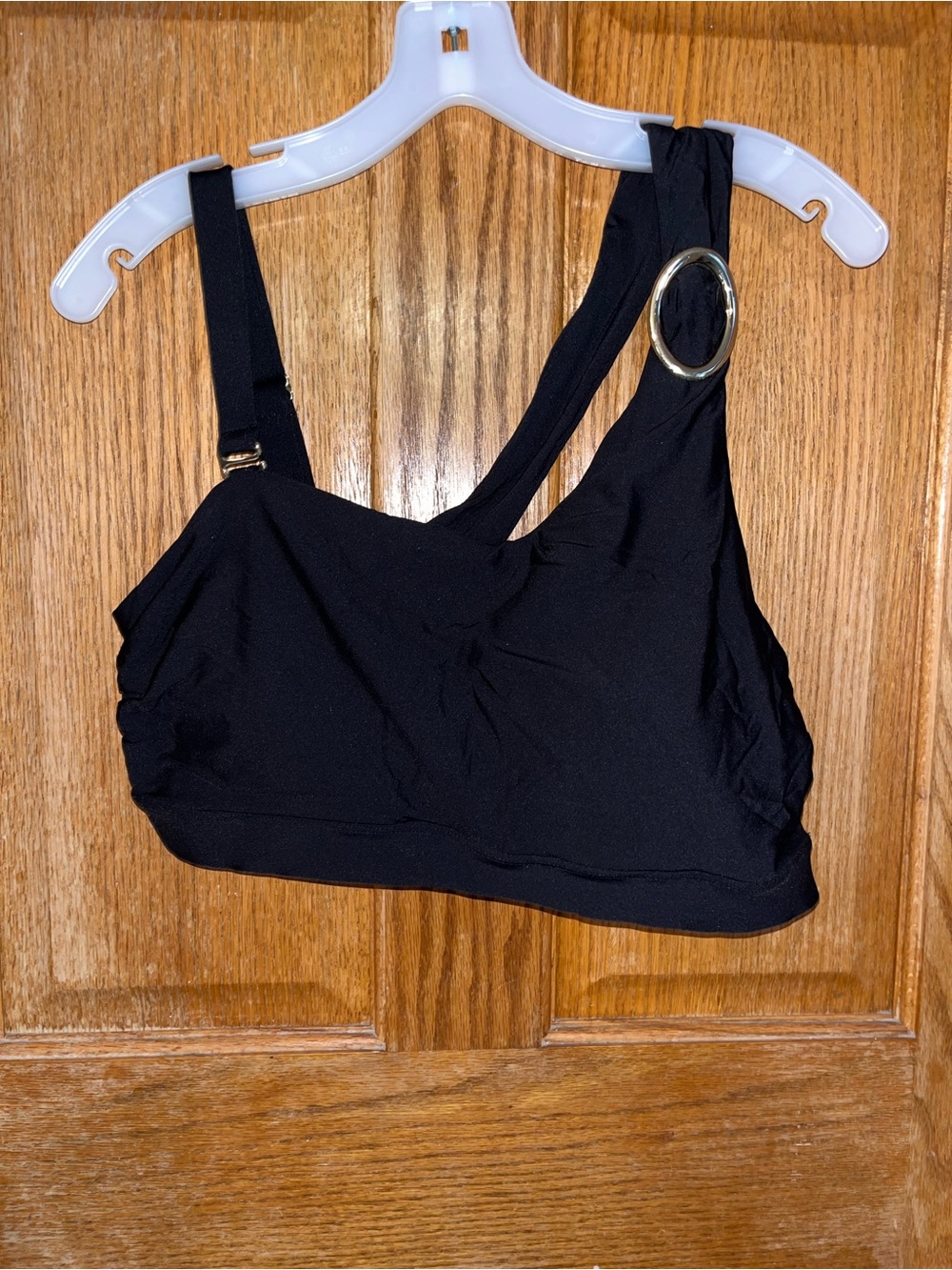 Time and Tru Black One-Shoulder Bikini Top with Gold Ring